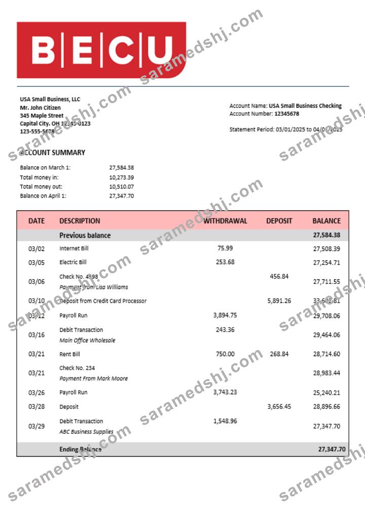 BECU business bank statement Word and PDF format